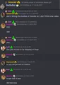 A colonypedo requesting a video of a girl licking her shoes in #general. They then shared a now deleted video (thank god) of a girl stomping on bugs as a fetish. A female member tranny then talks about getting wet to video's licking a shoe with dead bugs on it. There is no shred of irony in the messages before or after.