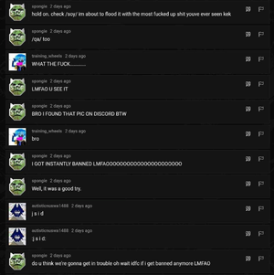 A conversation alleged to be in the SDL, where Spongie discusses uploading "the most fucked up shit you've ever seen" to the Sharty before getting banned.