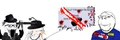 Fedora Redditor Soyjak slicing a left-wing political commentator in half, assisted by two other assailants, who have since been killed.