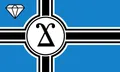 Another proposed design: a storm blue field with a black nordic cross and a fimbriation of alternating white and black (white black white) on the cross and around the white disk with the number Thrembo, with a gem in black outline and white in the canton.