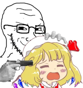 Soyjak holding Flandre at gunpoint