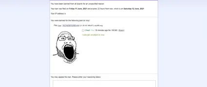 An example of a somewhat scat-related 'jak thread getting deleted and its poster 'nished by a janny. OBB truthers saw actions like these as a moderator crackdown on criticism of the jannies' conduct.