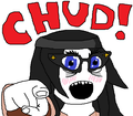 Pointing at the screen saying CHUD!