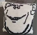 Impjak Pillow, crocheted by the sister of the guy who made the drawing poster taped onto coal bricks (for his birthday btw)