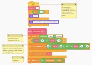 A visual of the "programming" that is used to make the tranny 41 slot machine in Scratch.