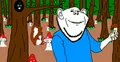 A forest where a squirreljak can be seen hanging out near trees. One of the trunks appears to be inhabited by a THOUGHjak.