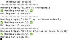 A linux terminal showing the output of the Troonbuster program