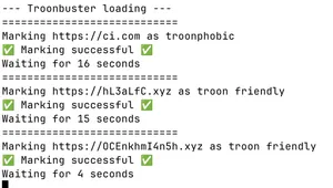 A linux terminal showing the output of the Troonbuster program