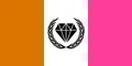 The flag of the Soyumvirate. Adapted into the current New Frootist Order flag upon the dissolution of the soyumvirate. A tricolor per pale of Froot orange, white (to represent Angeleno), and Doll pink with a black Gem and Laurel emblem.
