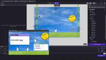 screenshot of a Goydevelop project with a game about playing as a Chud dodging coal and collecting gems.